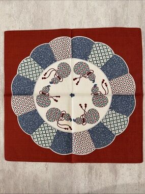 Men's Pocket Square - Red with Blue & Cream Floral Medallion